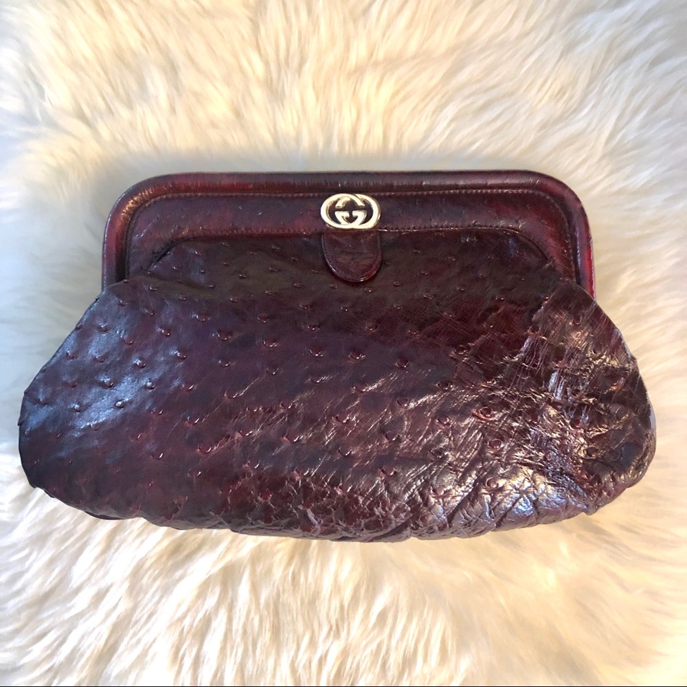 ✨GUCCI✨ OMG!! Exotic Ostrich Clutch w Gold GG Wine